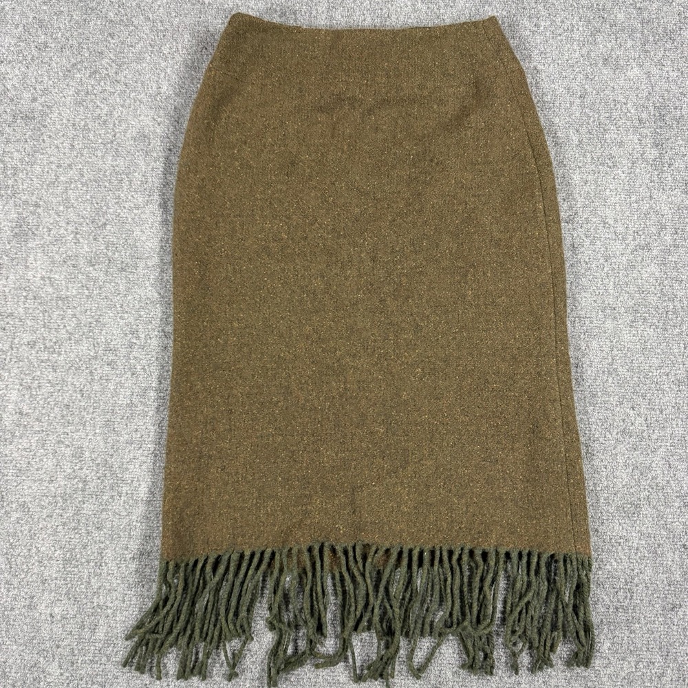 Ralph Lauren Black Label Skirt Womens 6 Olive Wool Cashmere Tweed Green Fringe - Picture 3 of 6